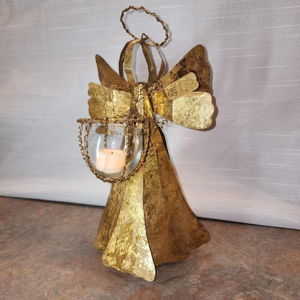 Vintage Gold Metal Madonna Virgin Mary Angel Gold Votive Tealight Holder